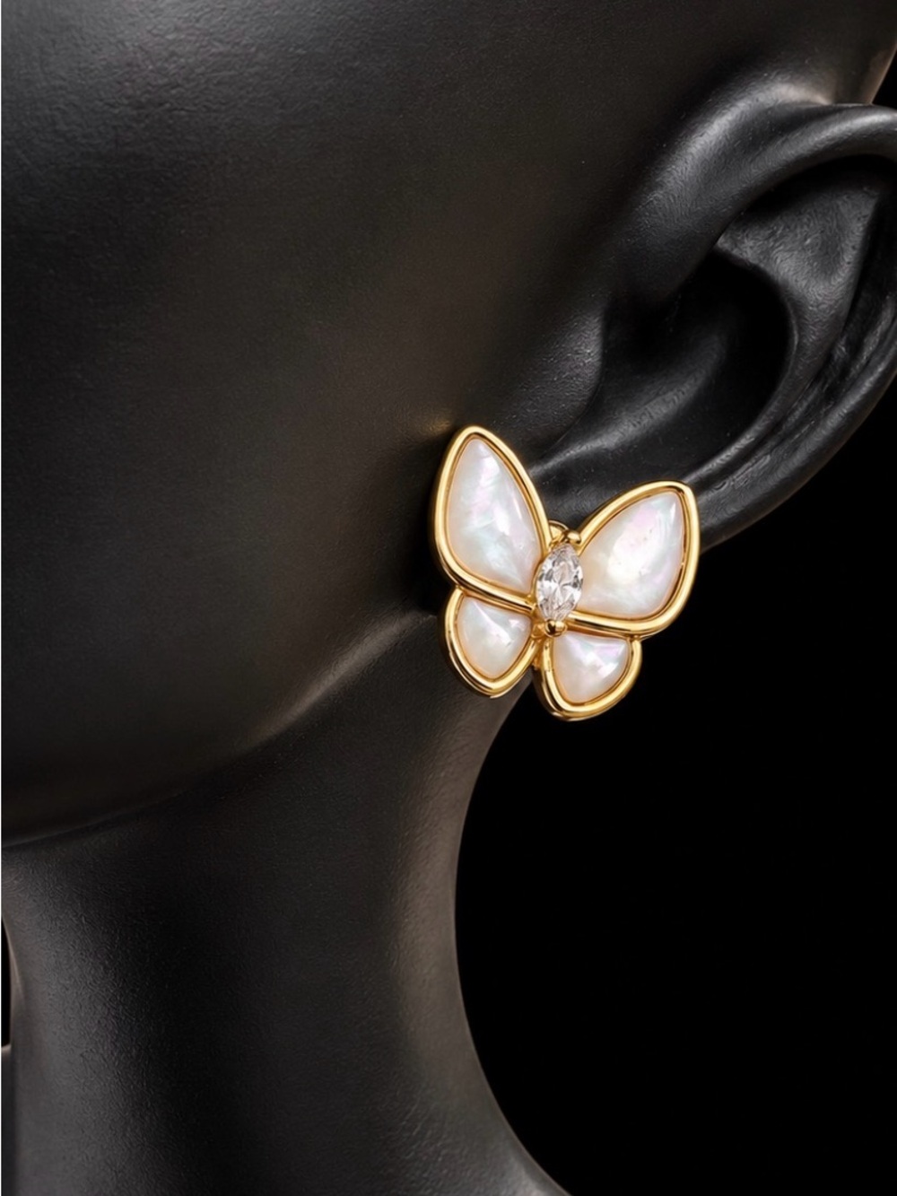 Gold Butterfly Pearl Inlay Stud Earrings - White
